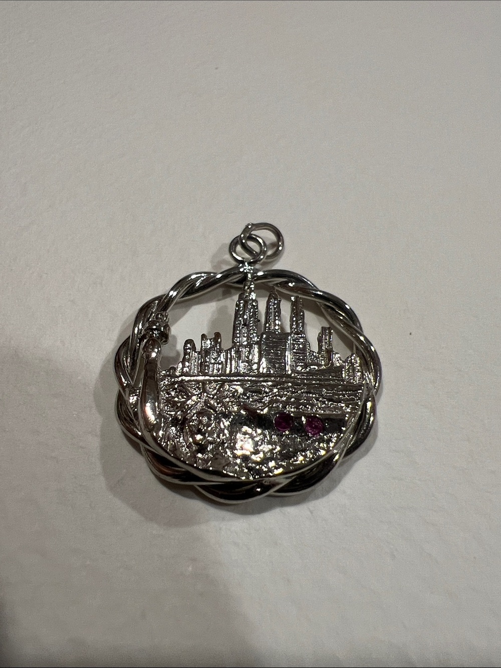 Sterling Silver New York Cityscape Pendant Charm with Pink Stones